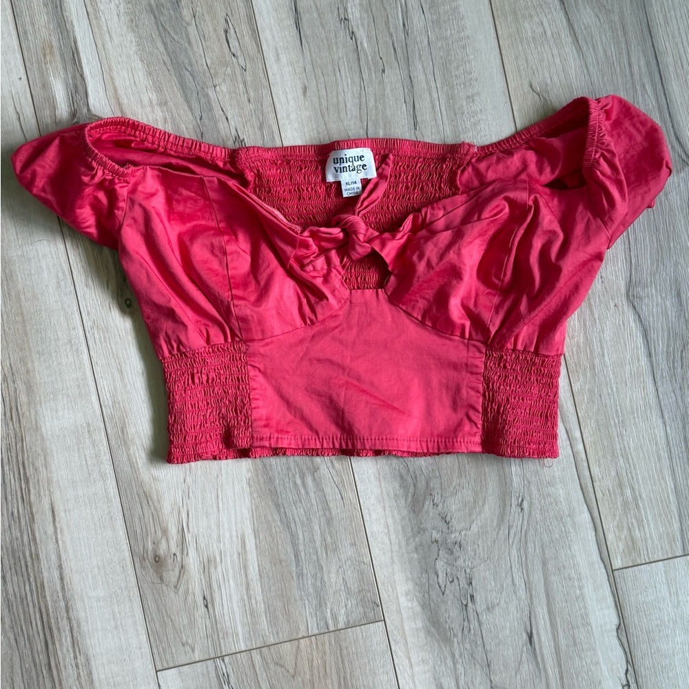 Unique Vintage red Puff Sleeve Crop Blouse